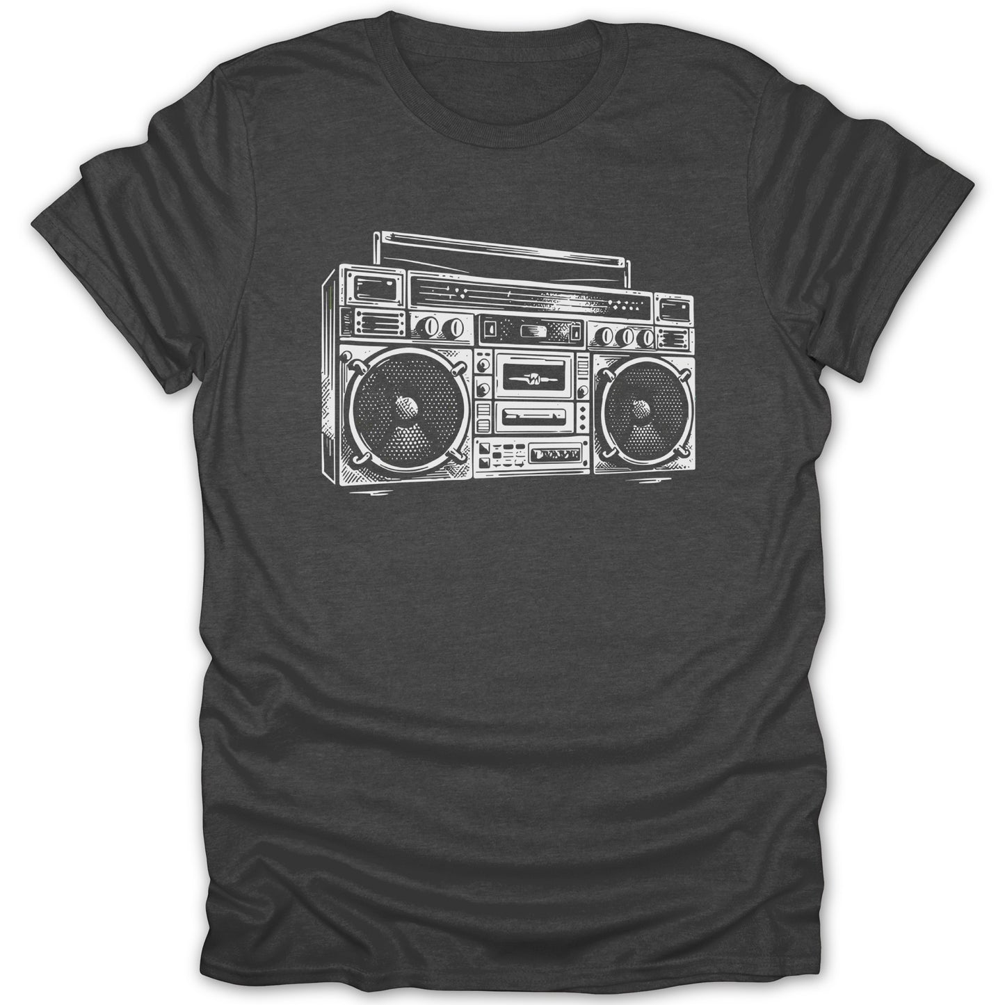 T-shirt with a white line drawing of a vintage boombox on a dark grey background.