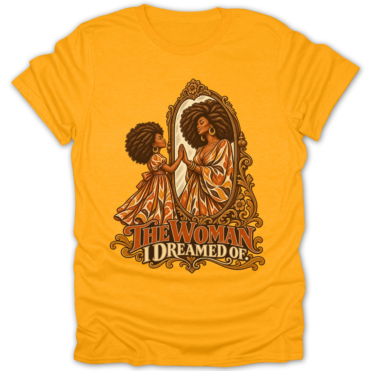 Illustration of a young girl looking in a mirror at her adult self, text reads "THE WOMAN I DREAMED OF".