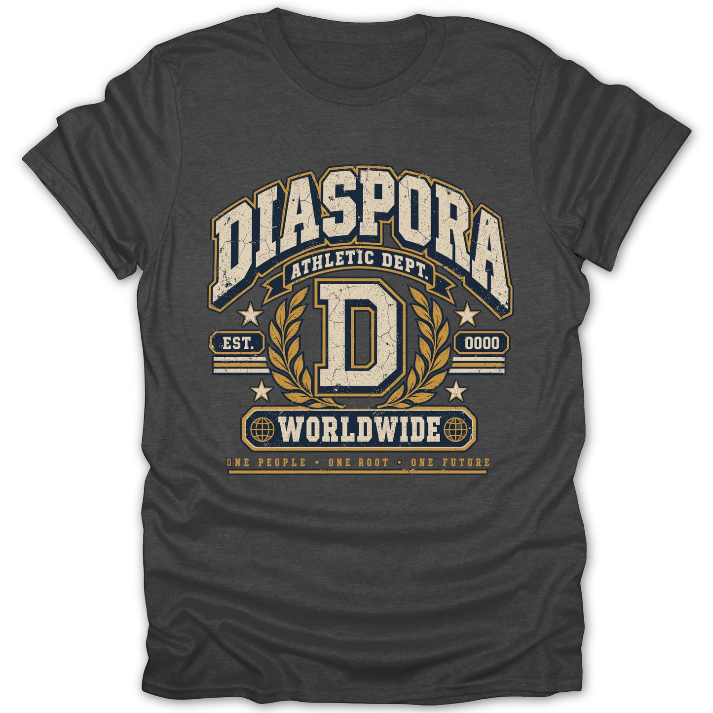 Dark grey t-shirt with "DIASPORA ATHLETIC DEPT. WORLDWIDE" graphic.