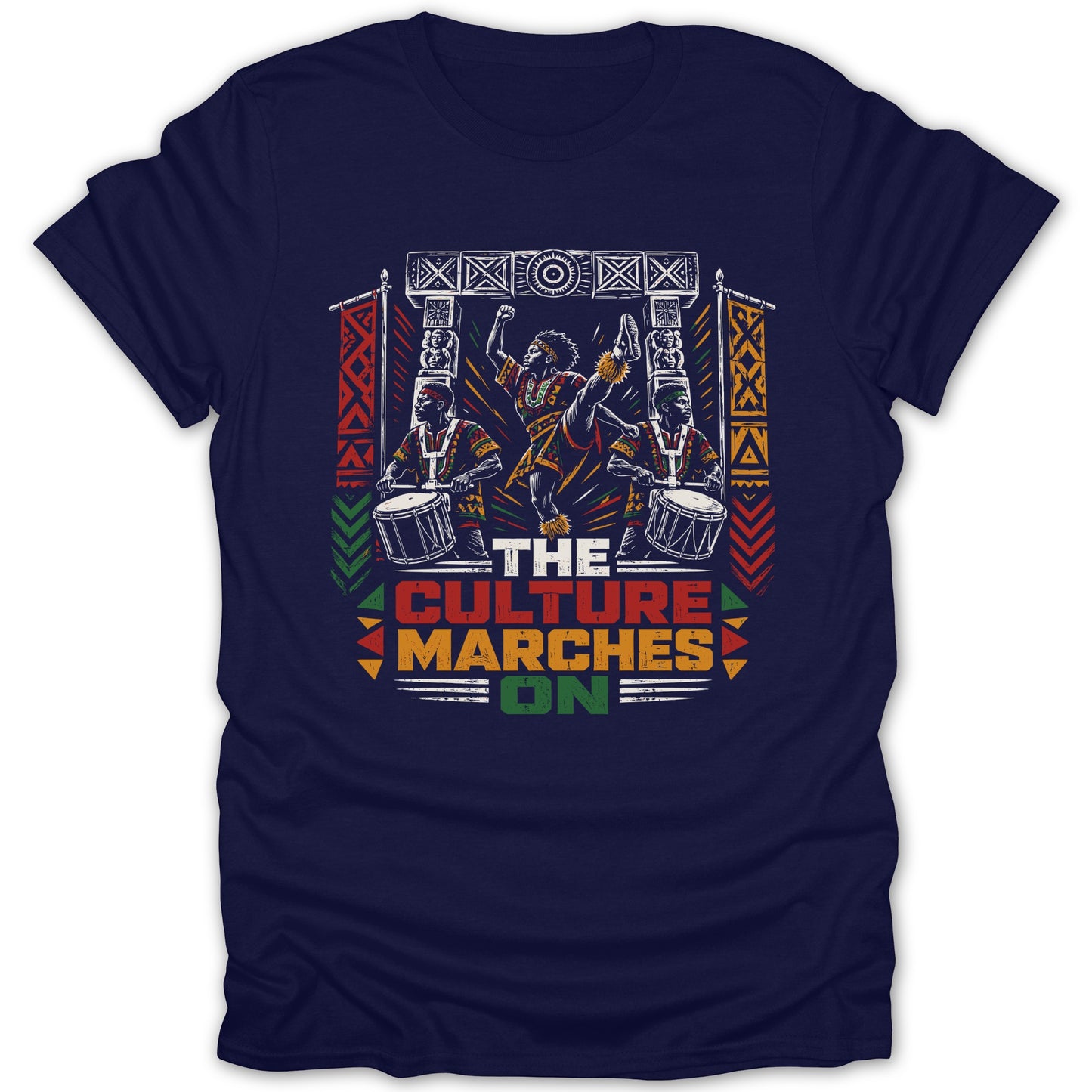 Men dancing and drumming with text "The Culture Marches On."