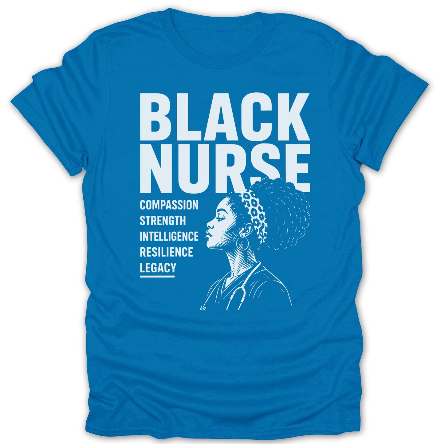 Blue t-shirt with "BLACK NURSE" text and an illustration of a nurse.