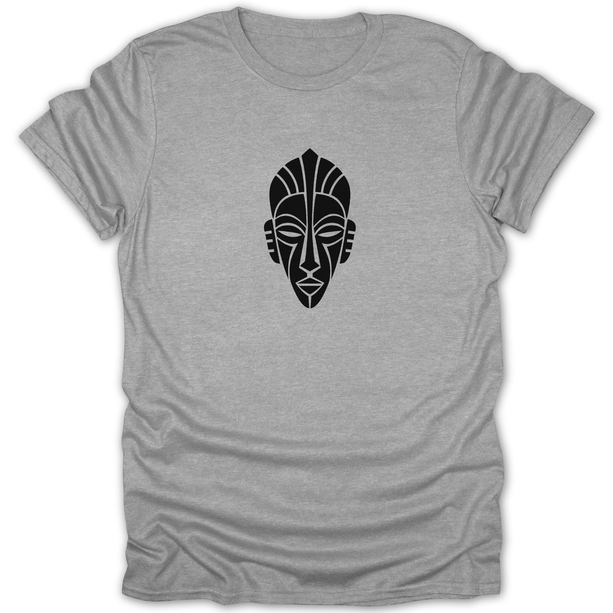 Heather gray crewneck t-shirt featuring a stylized black African tribal mask centered on the chest.