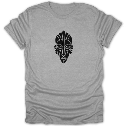 Heather gray crewneck t-shirt featuring a stylized black African tribal mask centered on the chest.