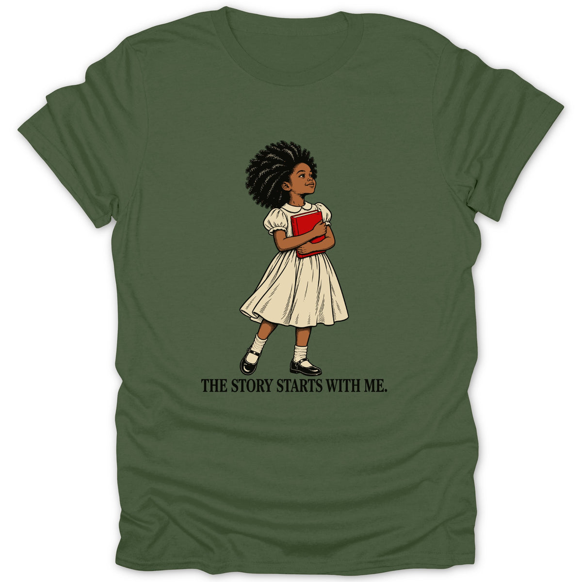 Illustration of a young Black girl in a white dress holding a red book with text "THE STORY STARTS WITH ME."