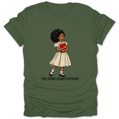 Illustration of a young Black girl in a white dress holding a red book with text "THE STORY STARTS WITH ME."