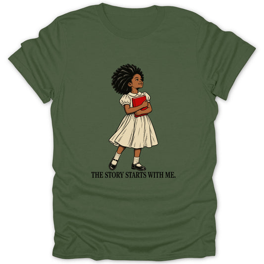 Illustration of a young Black girl in a white dress holding a red book with text "THE STORY STARTS WITH ME."