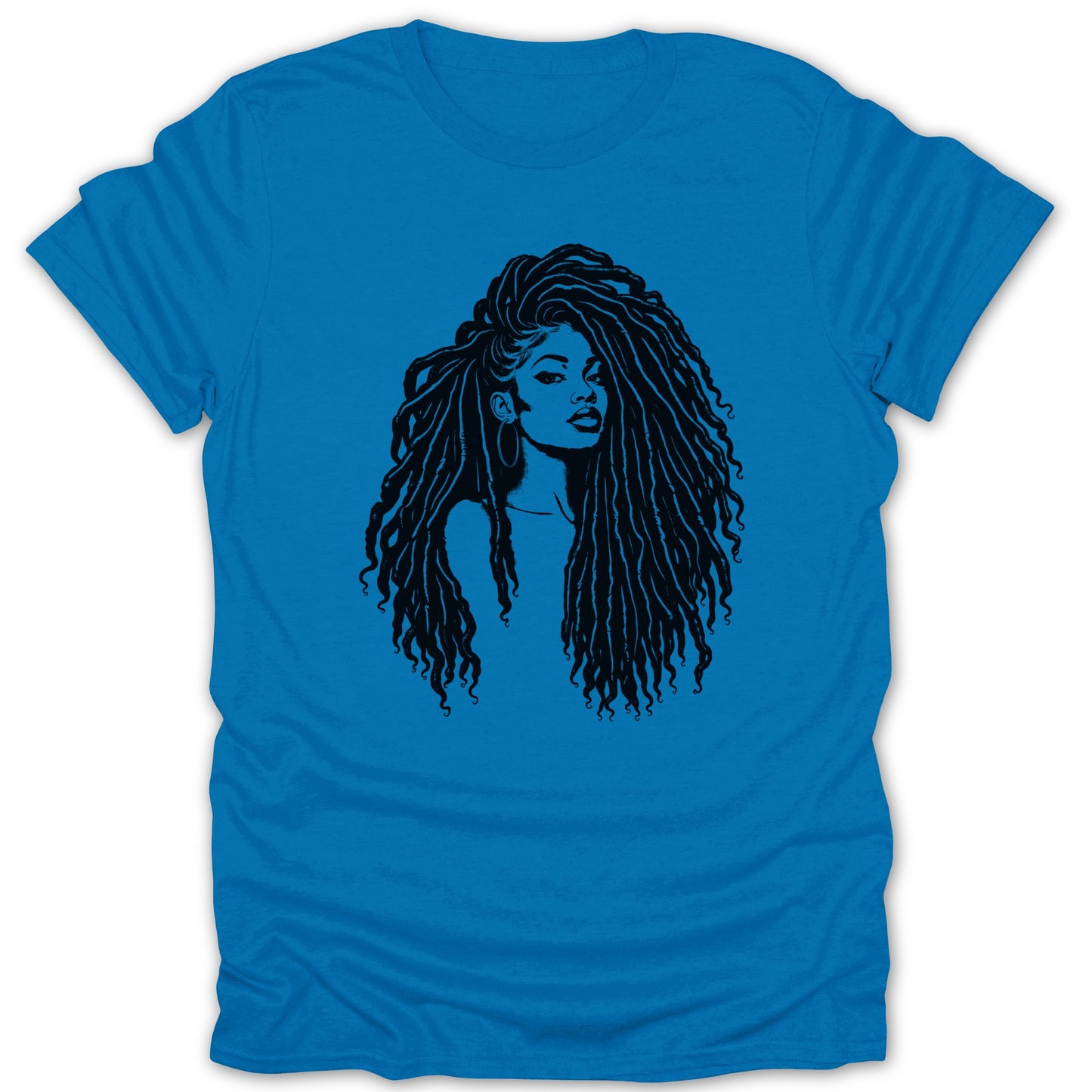 Black line art of a woman with long dreadlocks on a blue t-shirt.