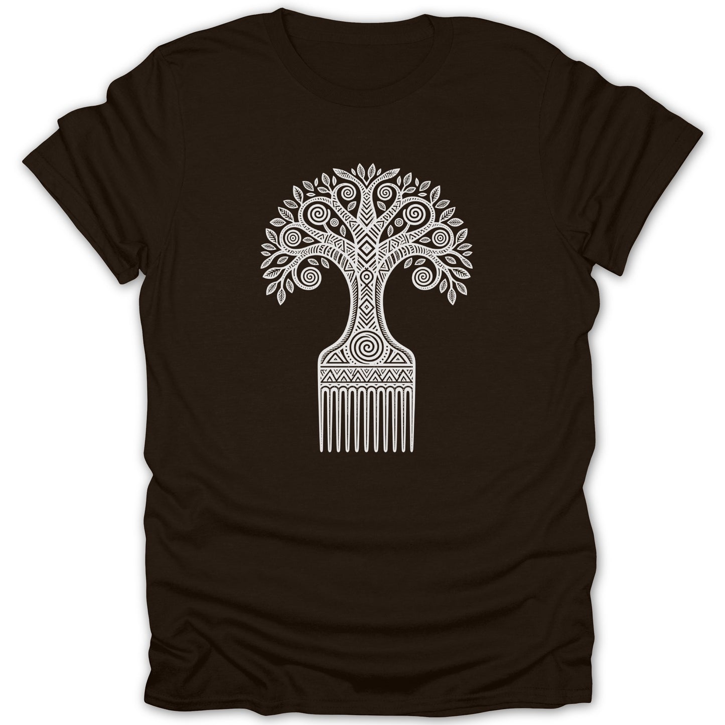 Brown t-shirt with white illustrated tree comb design.