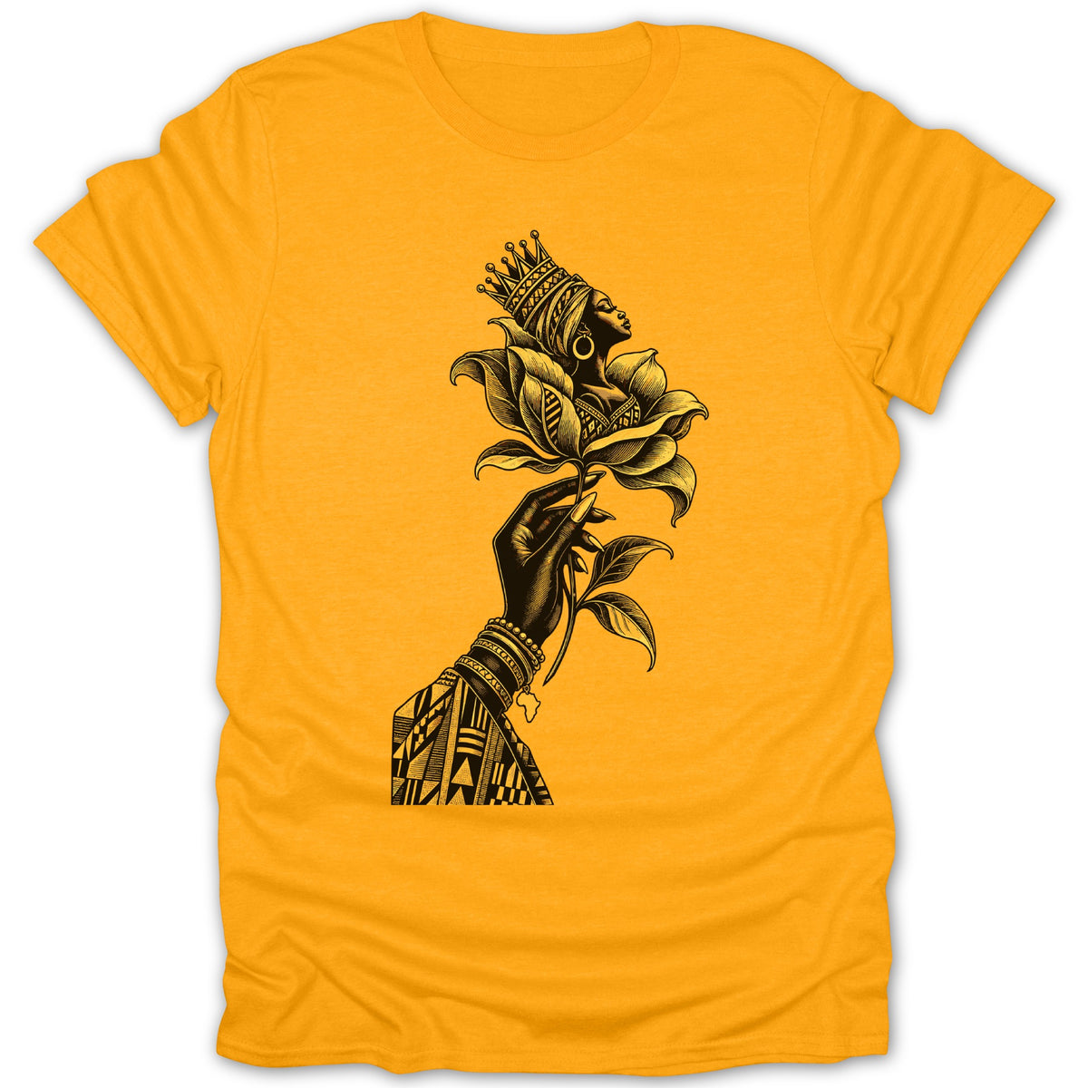 Black illustration of crowned woman's head and hand holding a flower on a yellow t-shirt.