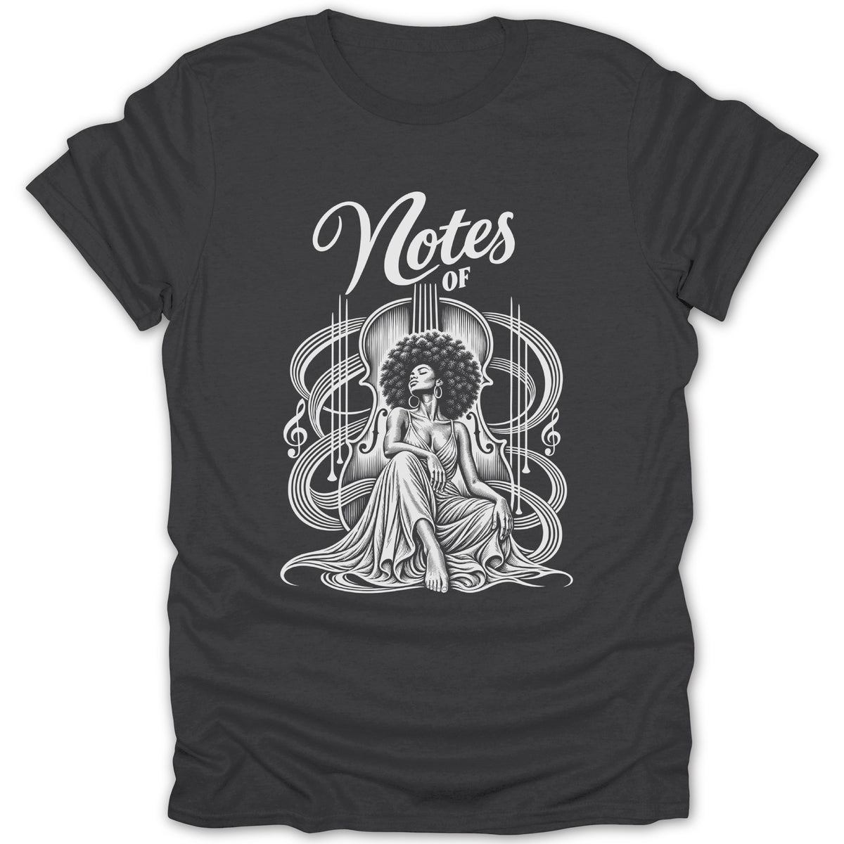 Black t-shirt with "Notes of" and woman sitting in front of cello design.