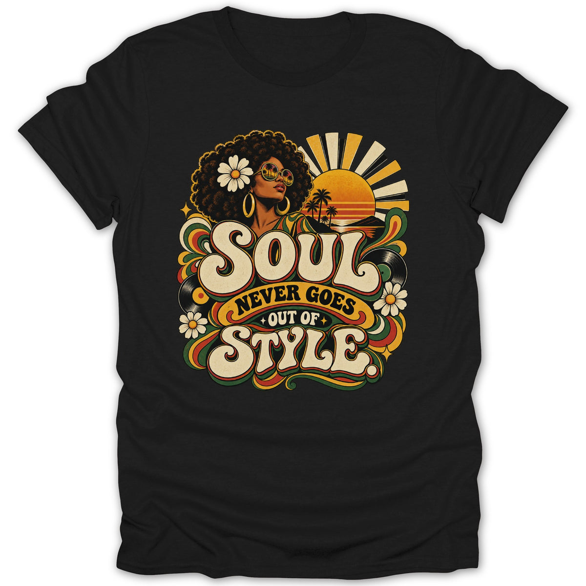 Retro graphic on black t-shirt with text "Soul Never Goes Out Of Style".