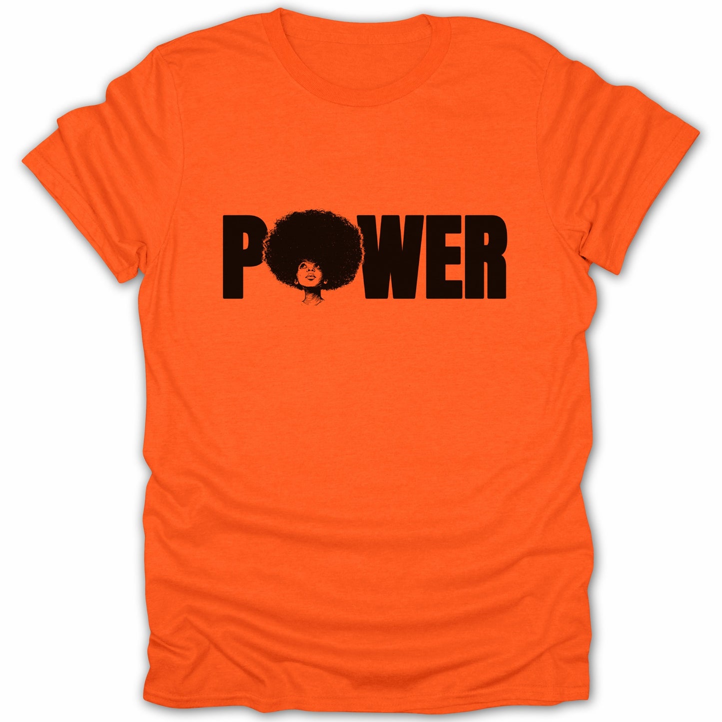 Orange t-shirt with black text "POWER" and a woman's face with an afro.