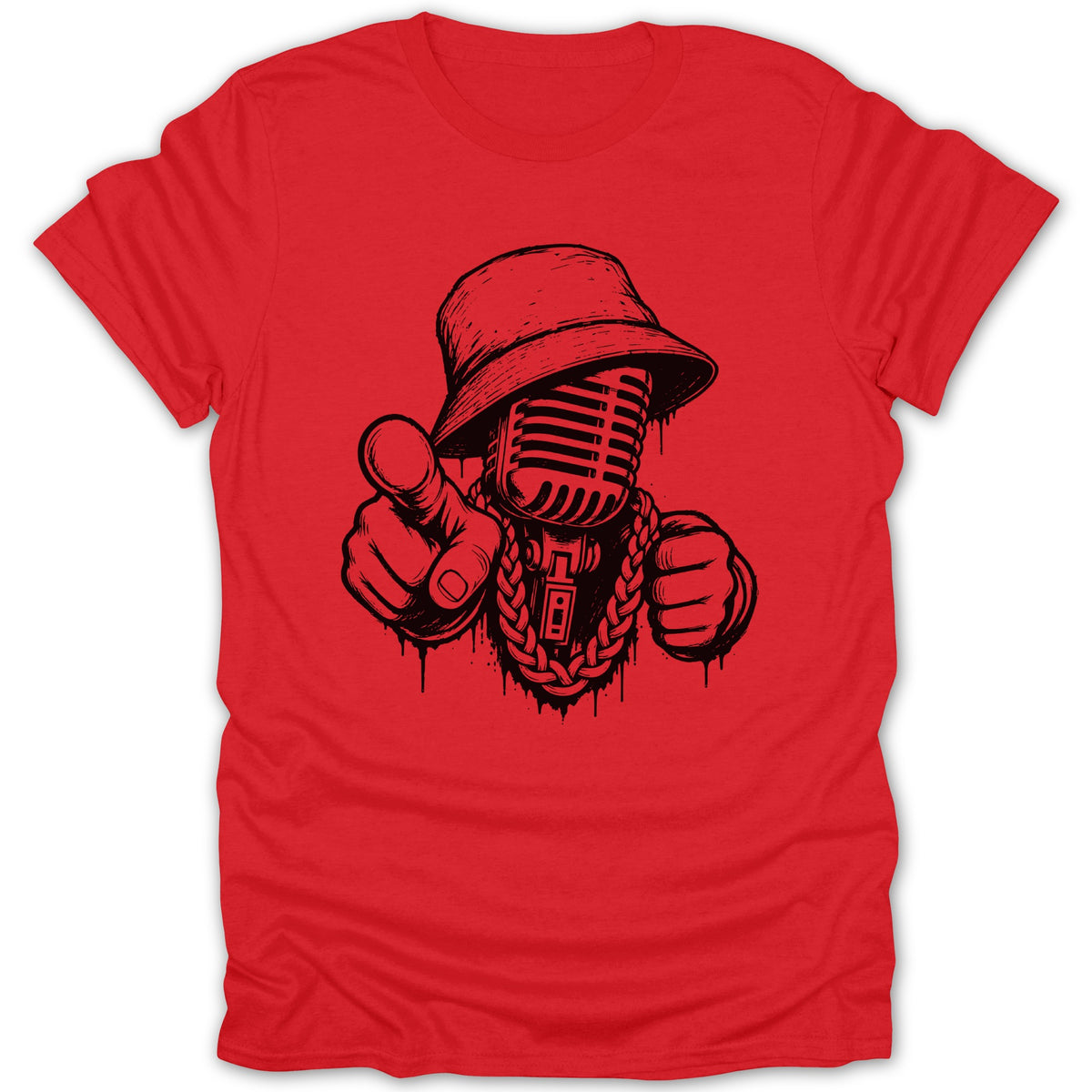 Red t-shirt with a black graphic of a microphone wearing a bucket hat and gold chain.