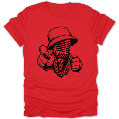 Red t-shirt with a black graphic of a microphone wearing a bucket hat and gold chain.