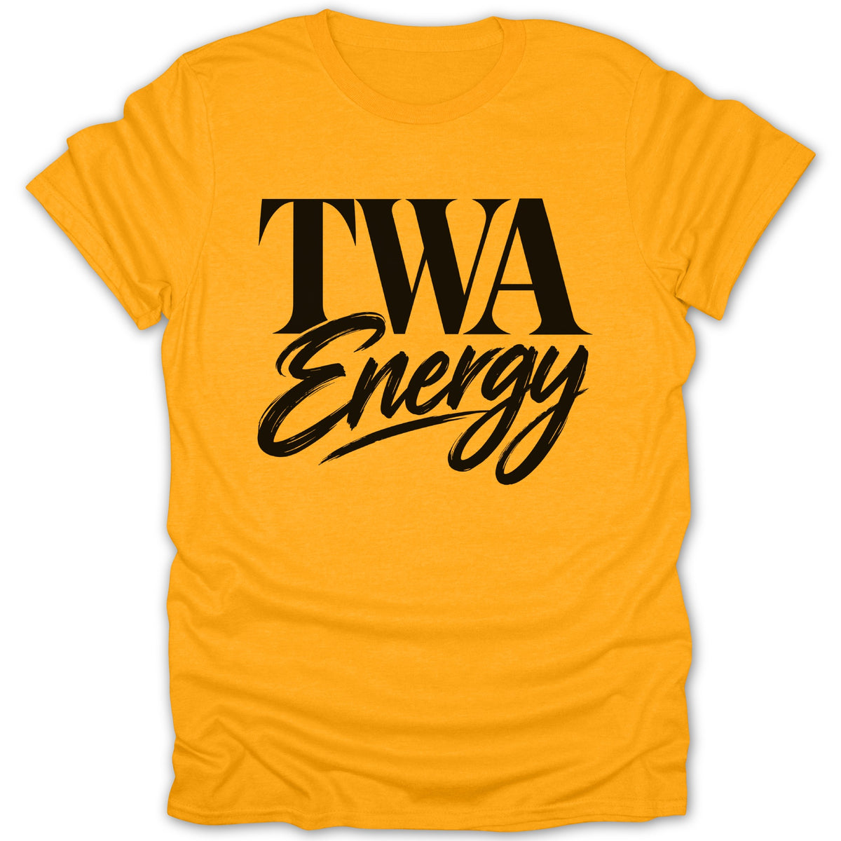 Yellow t-shirt with black text "TWA Energy" printed on it.