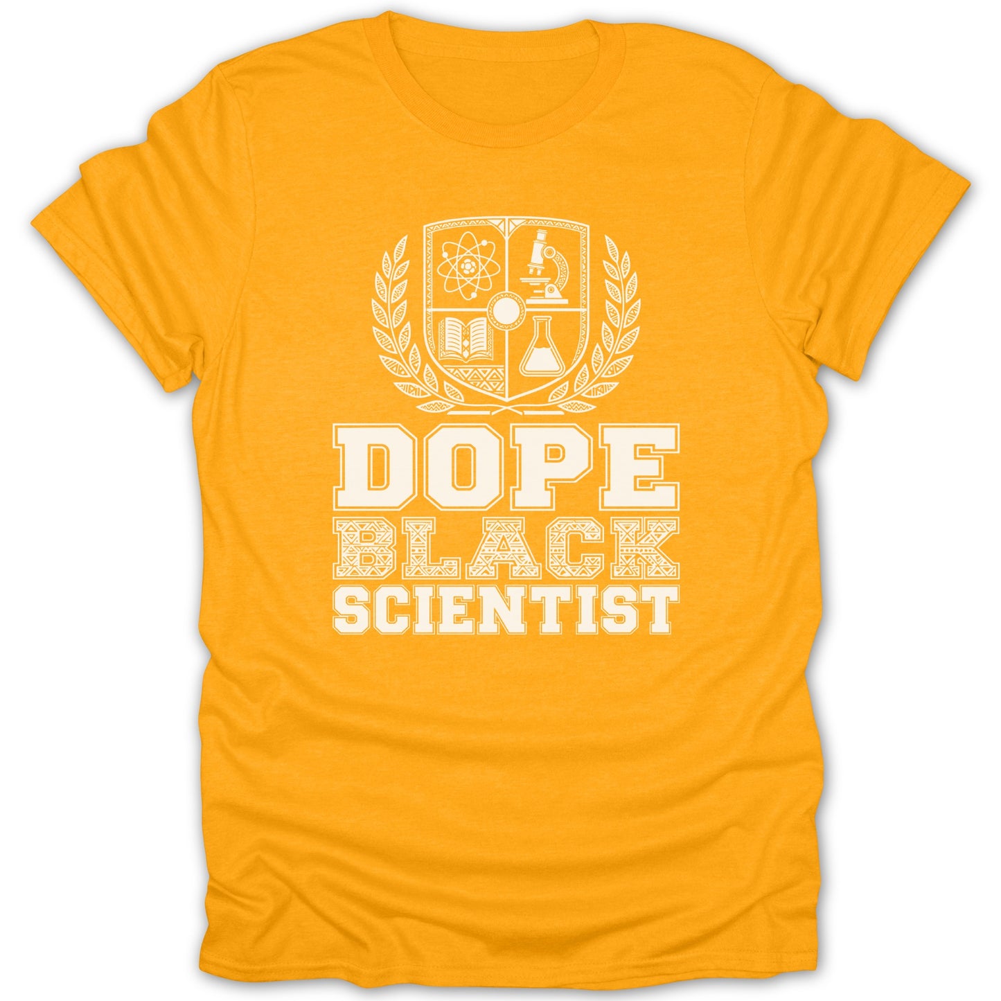 Orange t-shirt with white text that reads "DOPE BLACK SCIENTIST" and a science crest.