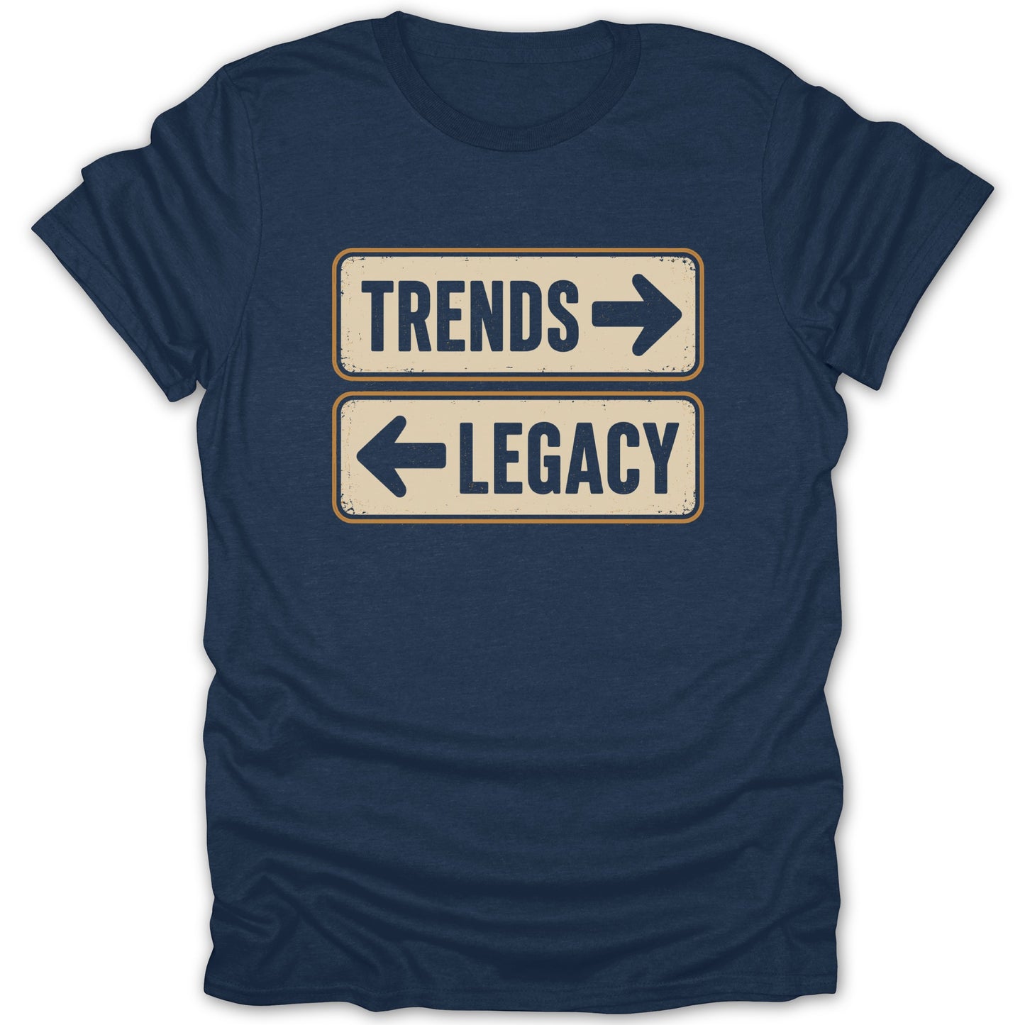 Navy t-shirt with signs pointing left and right, reading "TRENDS" and "LEGACY".