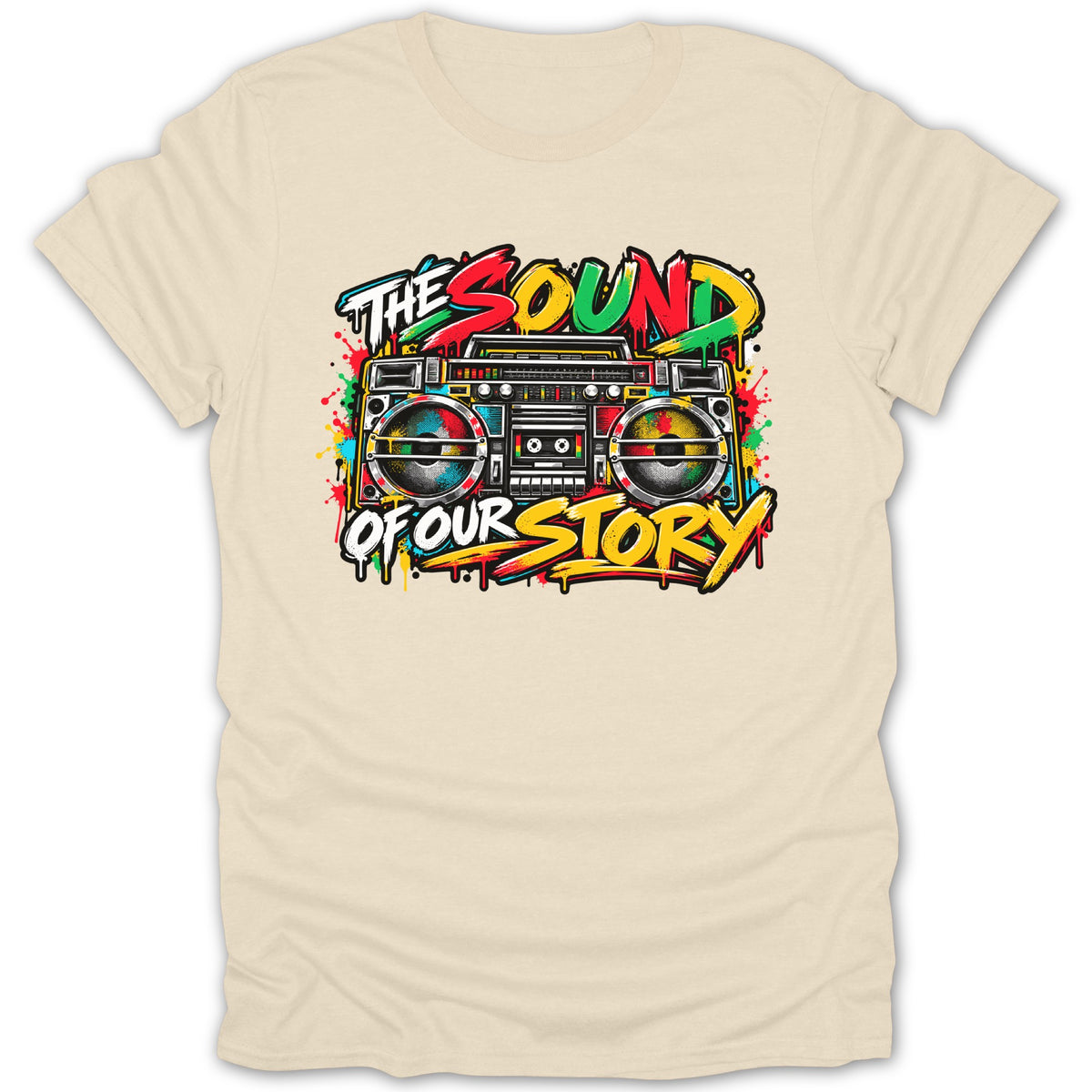Cream t-shirt with colorful "The Sound Of Our Story" boombox graphic.