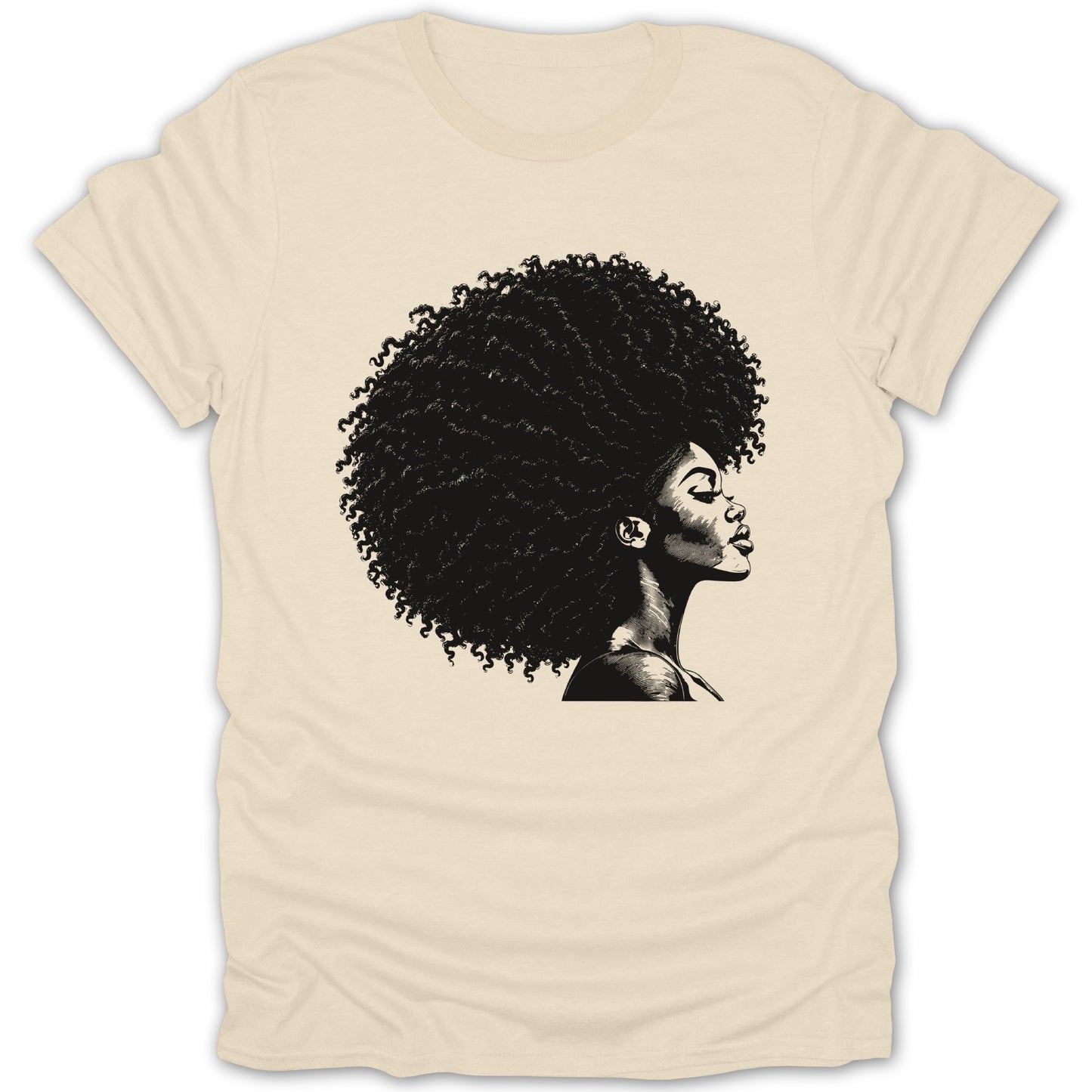 Black and white line art of a woman with voluminous afro on a cream t-shirt.