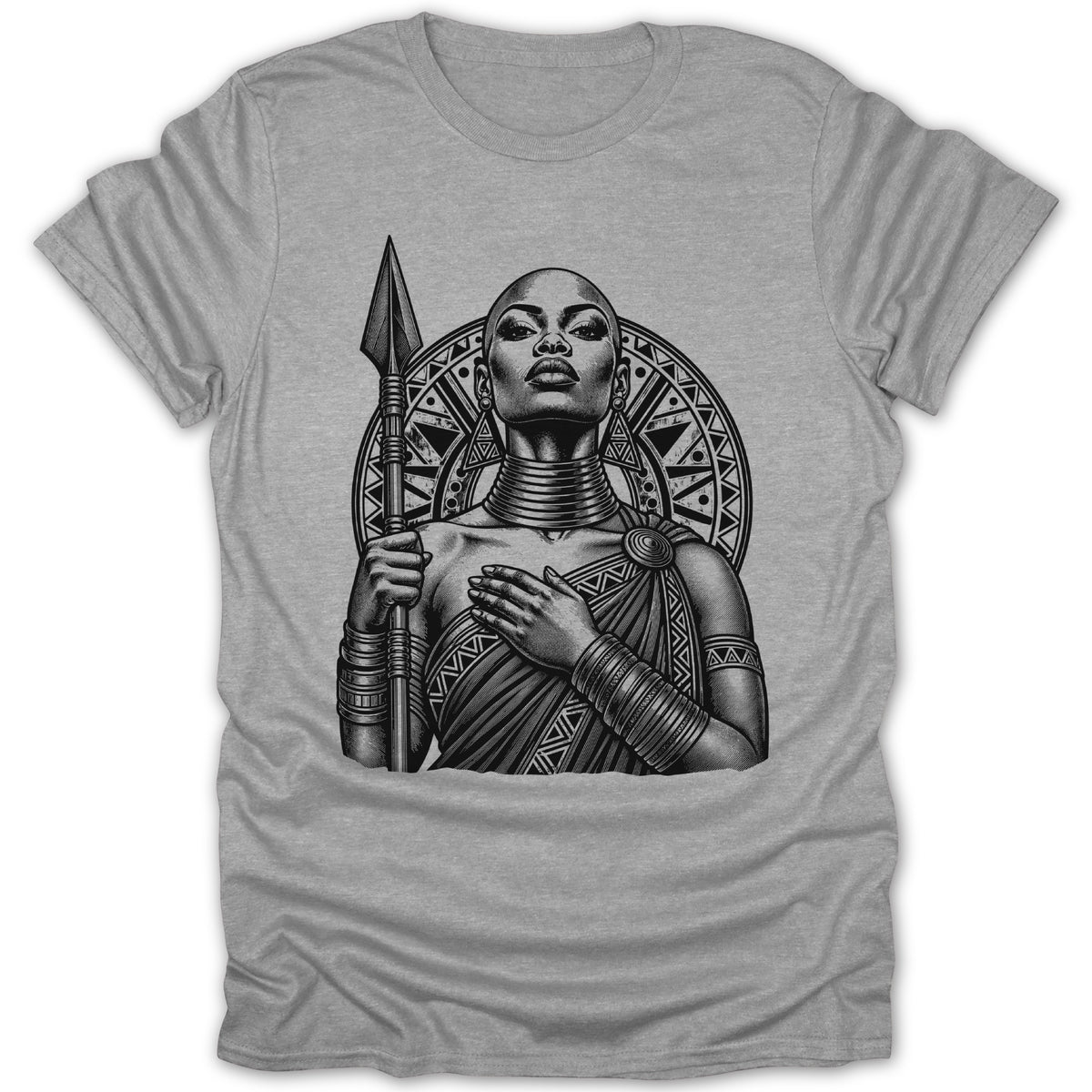 Black and white illustration of a bald woman holding a spear and wearing traditional jewelry.