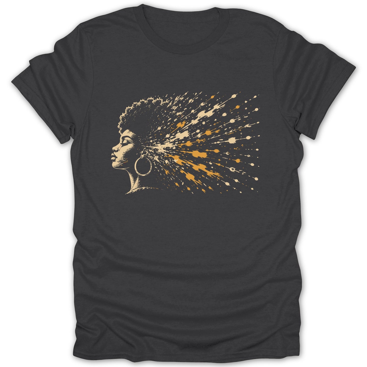 Profile of a woman with an afro with paint splatters exploding from her head.