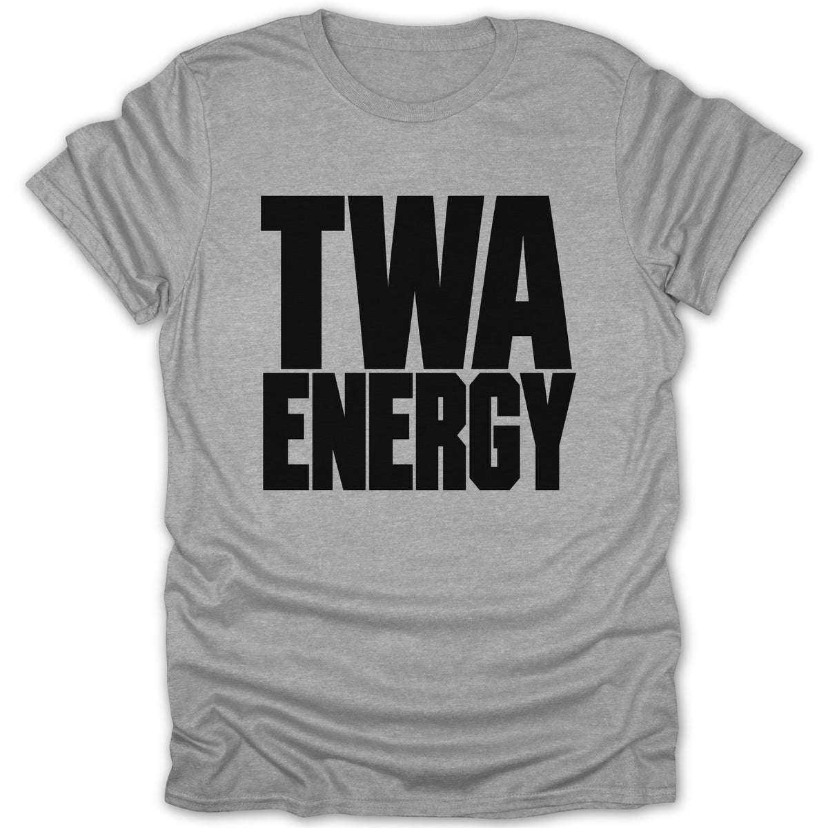 Grey t-shirt with "TWA ENERGY" printed in black block letters.