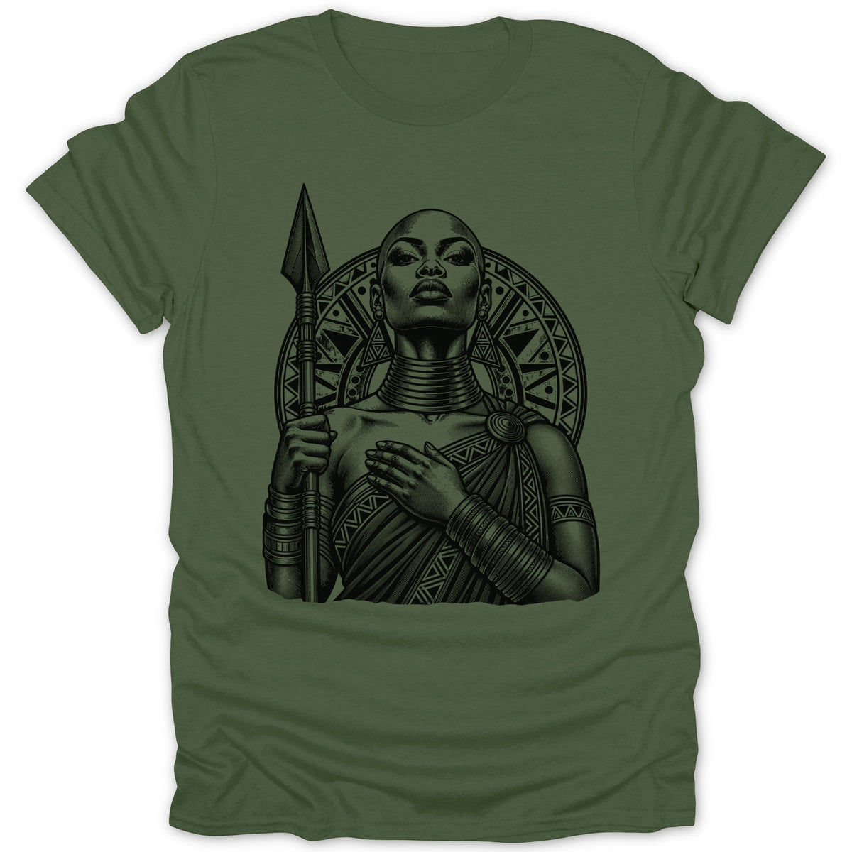 Black and white illustration of a warrior woman with a spear and traditional jewelry.