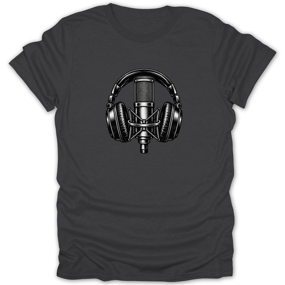 Black t-shirt with a graphic of a vintage microphone and headphones.