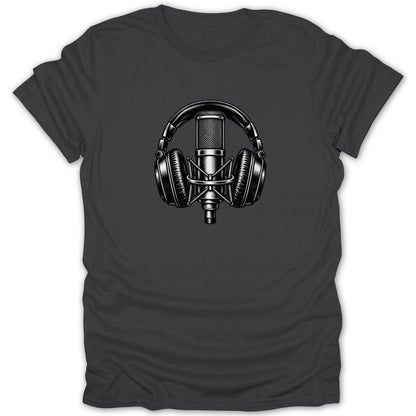 Black t-shirt with a graphic of a vintage microphone and headphones.