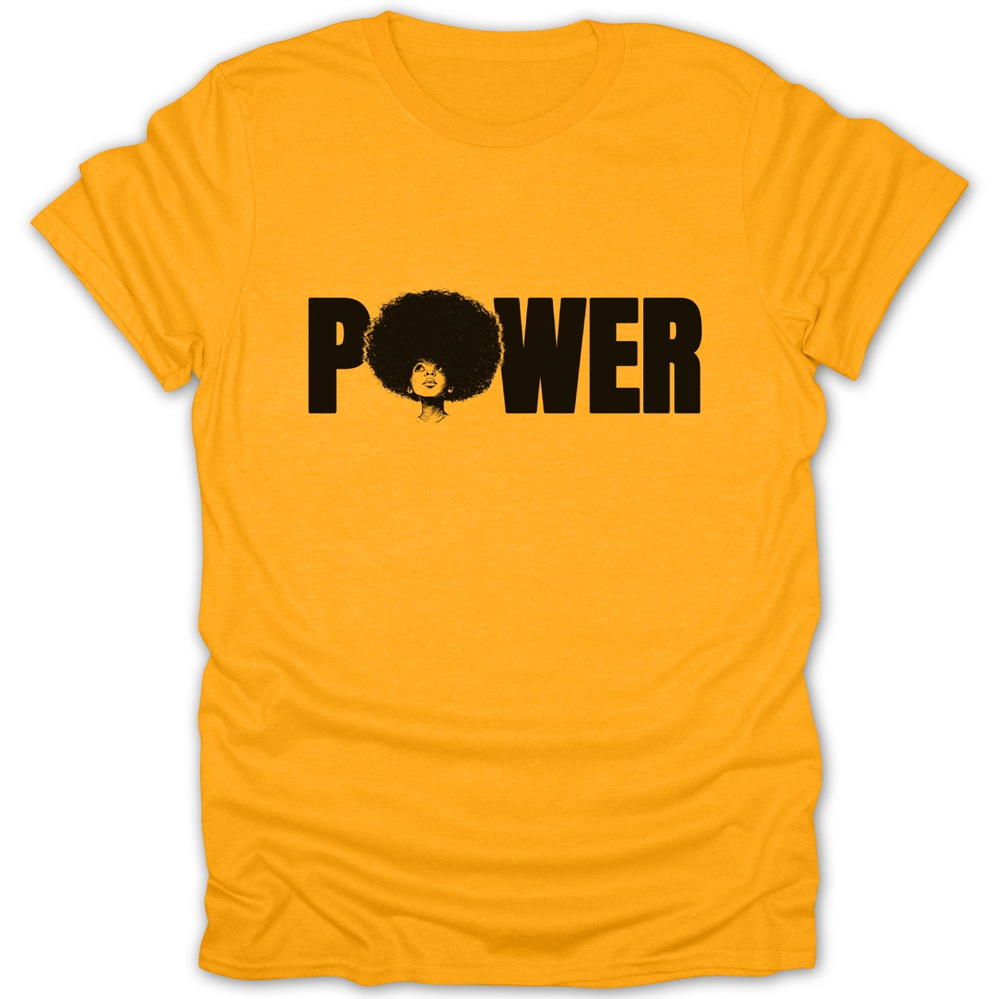 Yellow t-shirt with black text "POWER" and an illustrated woman with afro.
