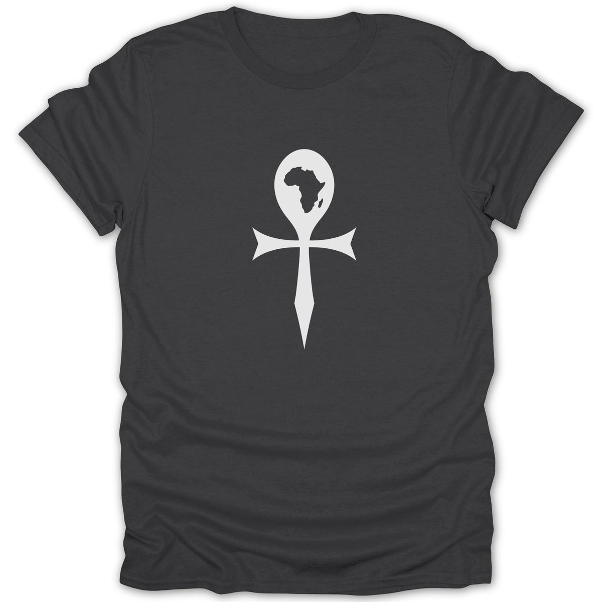 A dark gray short-sleeve crewneck t-shirt featuring a white ankh symbol with an outline of Africa inside the loop.