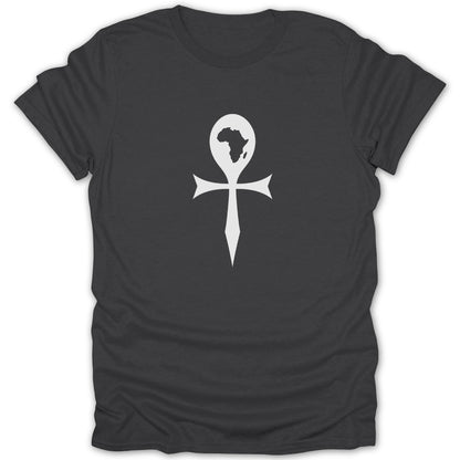 A dark gray short-sleeve crewneck t-shirt featuring a white ankh symbol with an outline of Africa inside the loop.