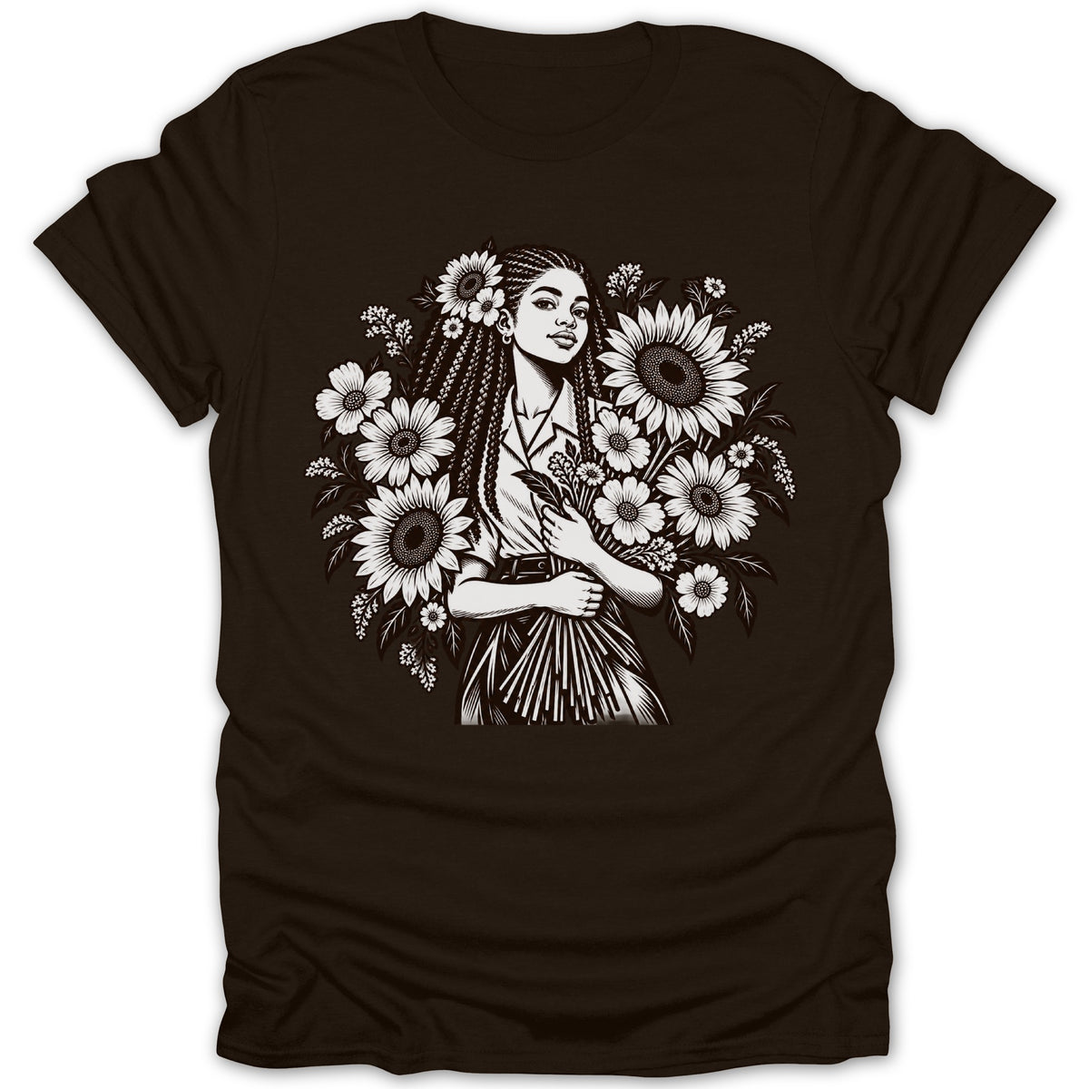 Illustration of a woman with braids holding flowers, surrounded by sunflowers and other flora.