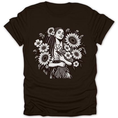 Illustration of a woman with braids holding flowers, surrounded by sunflowers and other flora.