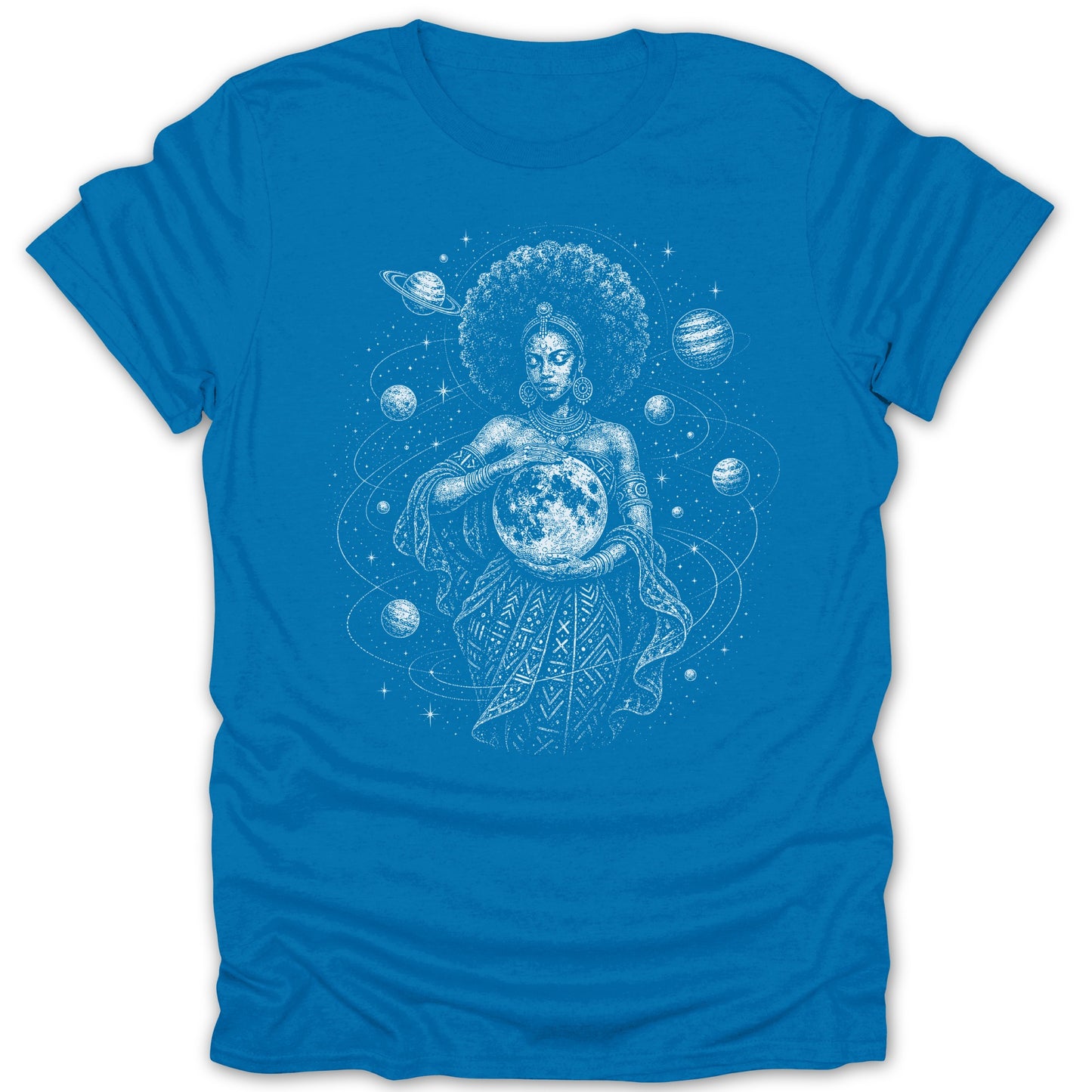 Woman with moon and planets on blue t-shirt