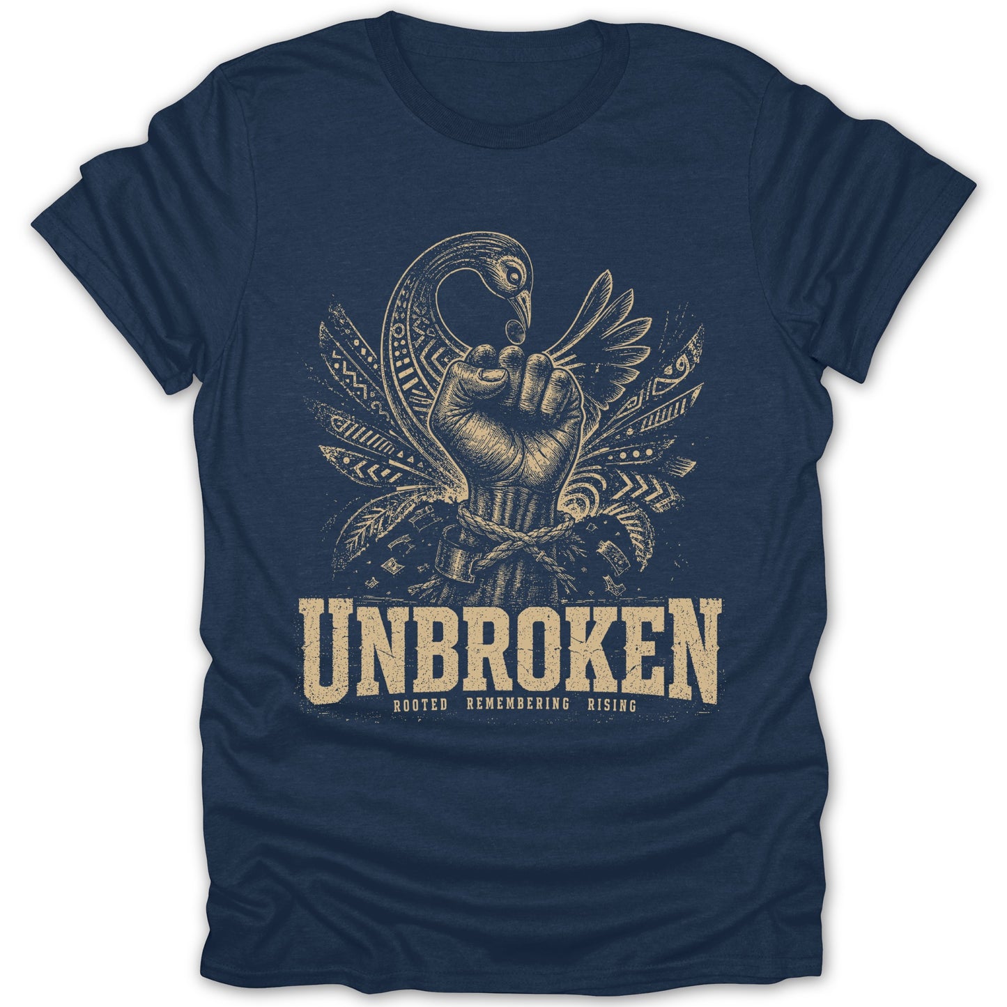Navy t-shirt with "UNBROKEN" text and a clenched fist with bird and feather graphic.