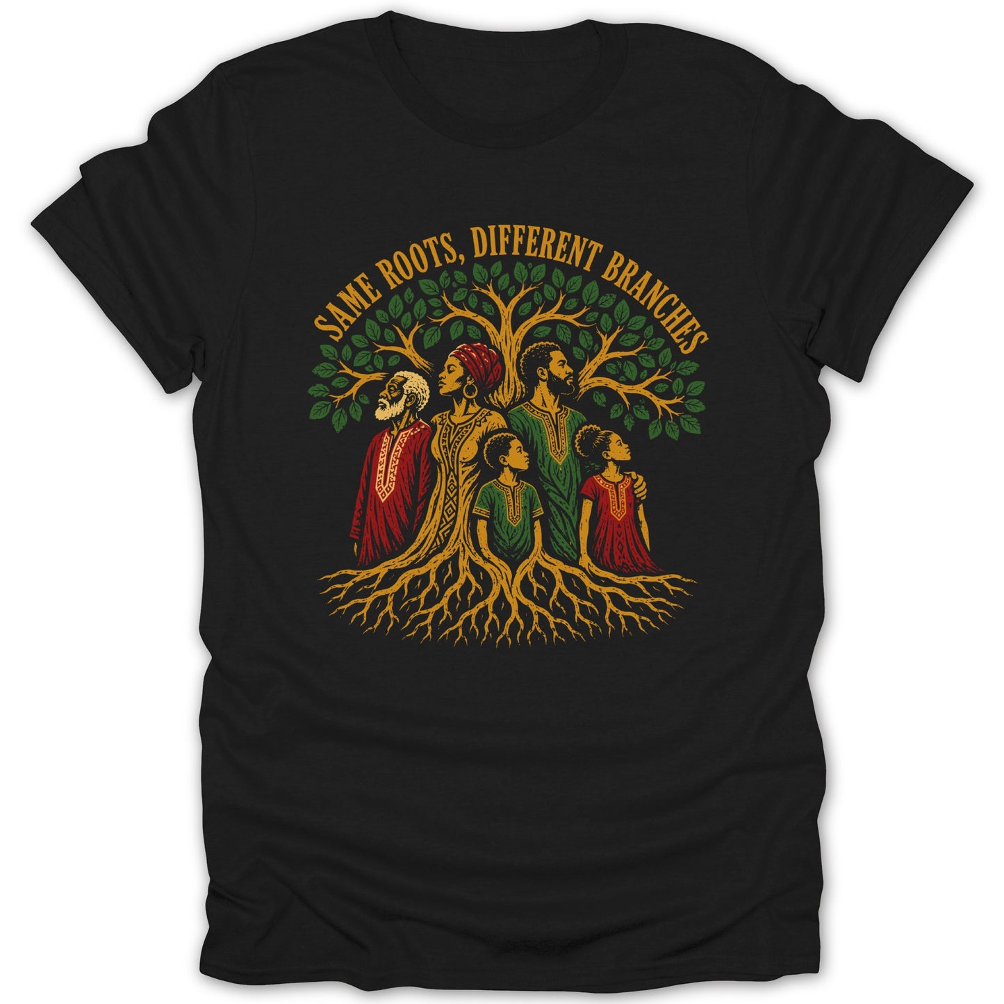 Tree with roots and a family of different generations, text "SAME ROOTS, DIFFERENT BRANCHES".