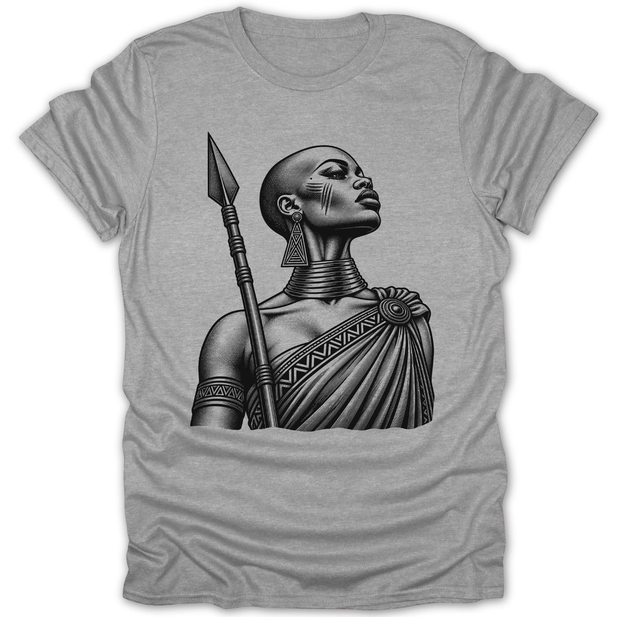 T-shirt with black and white illustration of a woman holding a spear.