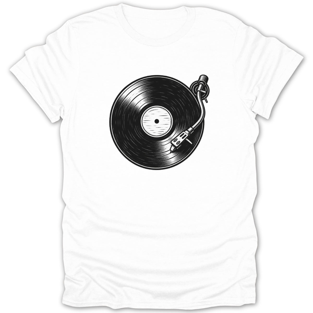 White t-shirt with a black and white graphic of a vinyl record and turntable.