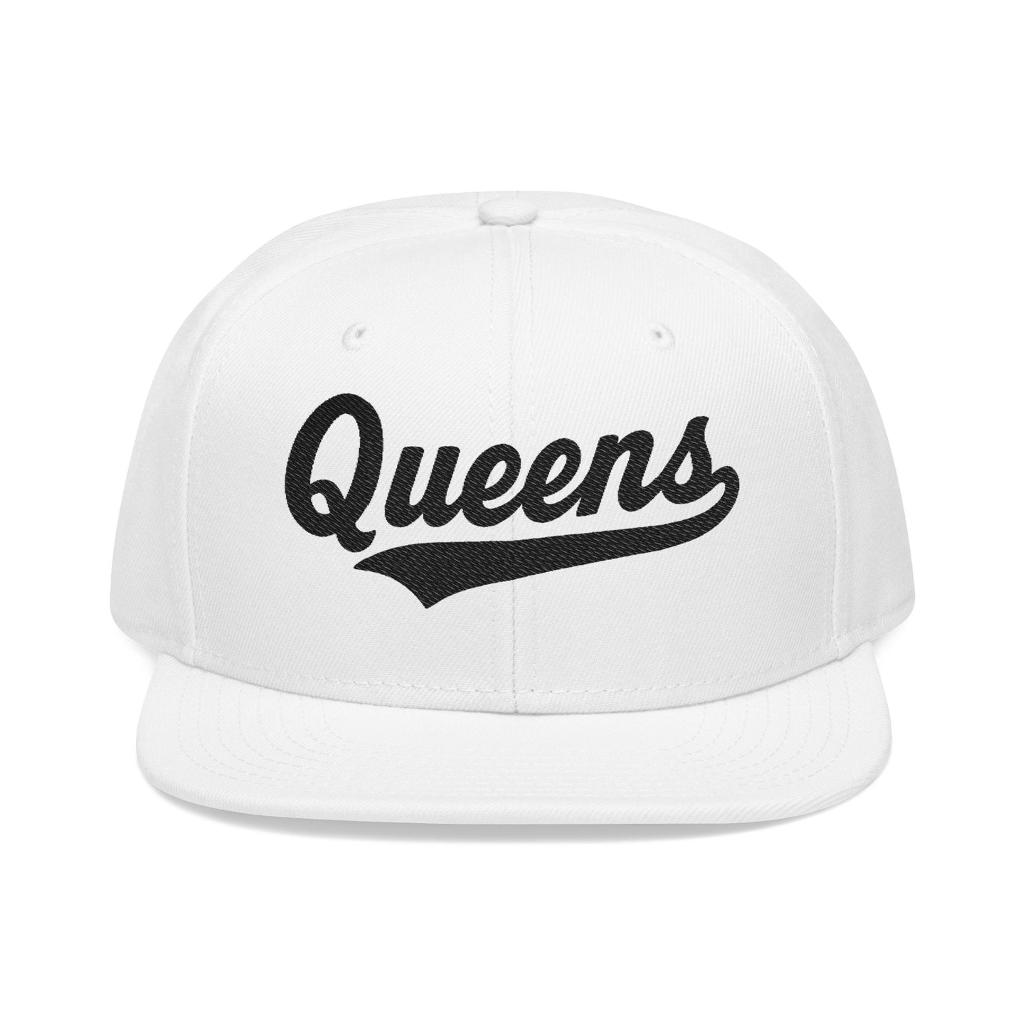 White flat-brimmed cap with "Queens" written in black script.