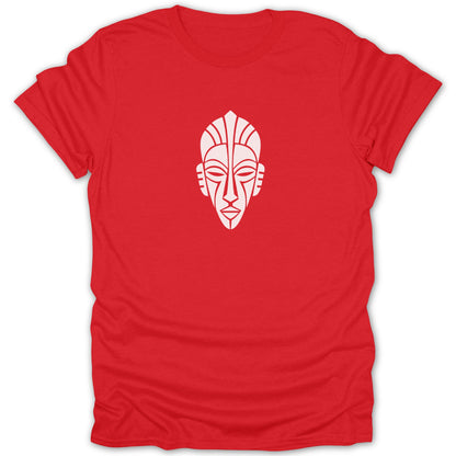 A red short-sleeved crew neck t-shirt featuring a white minimalist African tribal mask graphic centered on the chest.