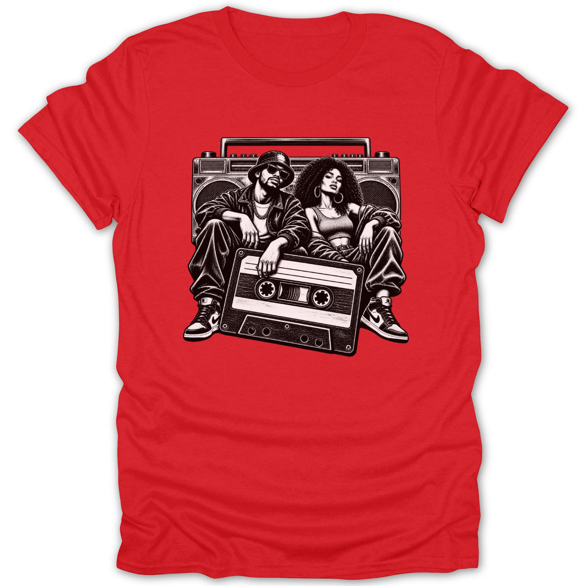 Black and white illustration of a man and woman with a boombox and cassette tape.