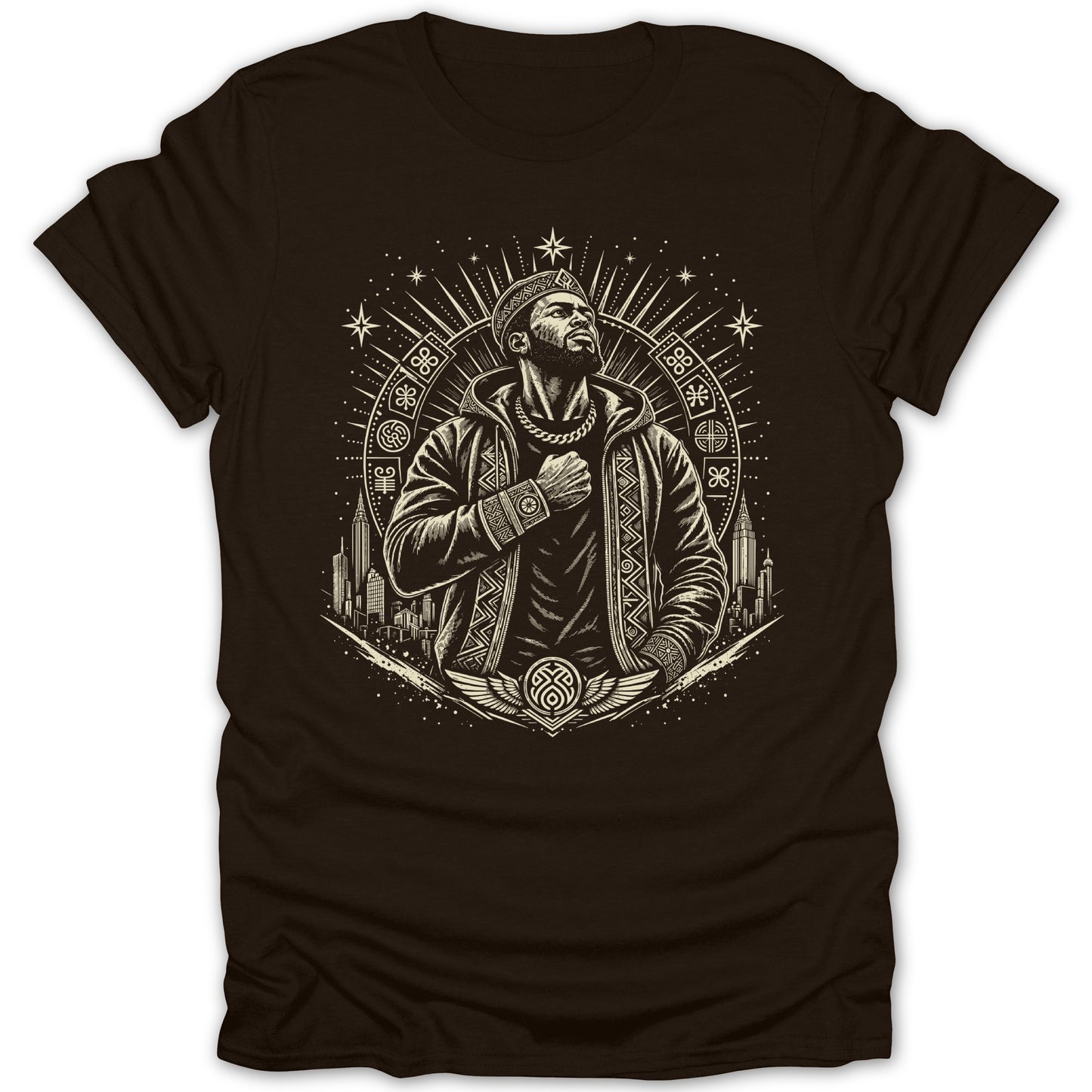 Line art of man in hooded jacket and crown surrounded by celestial and city elements.