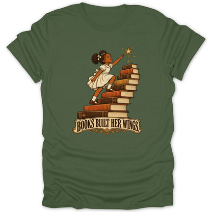 Illustration of a girl climbing a staircase of books, reaching for a star, with text "BOOKS BUILT HER WINGS."