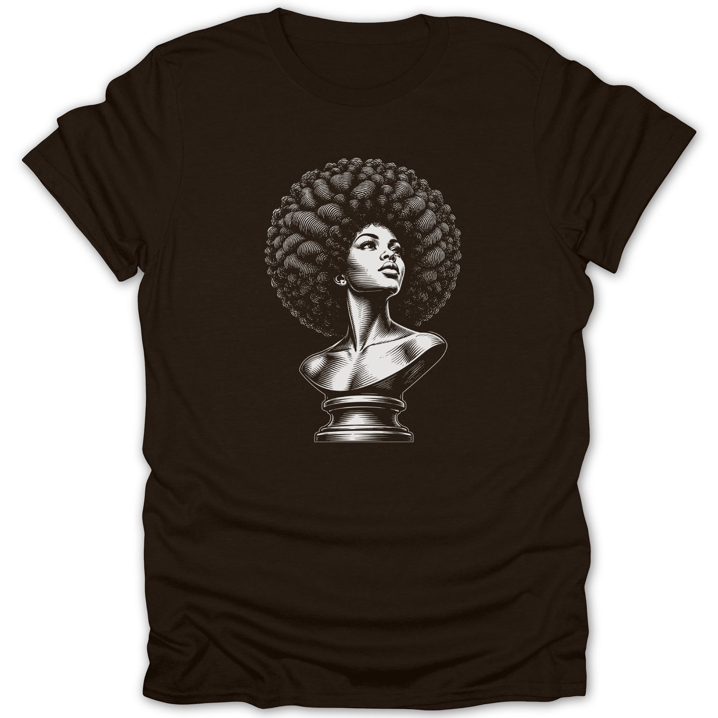 Engraving-style bust of a woman with voluminous afro hairstyle on a dark t-shirt.