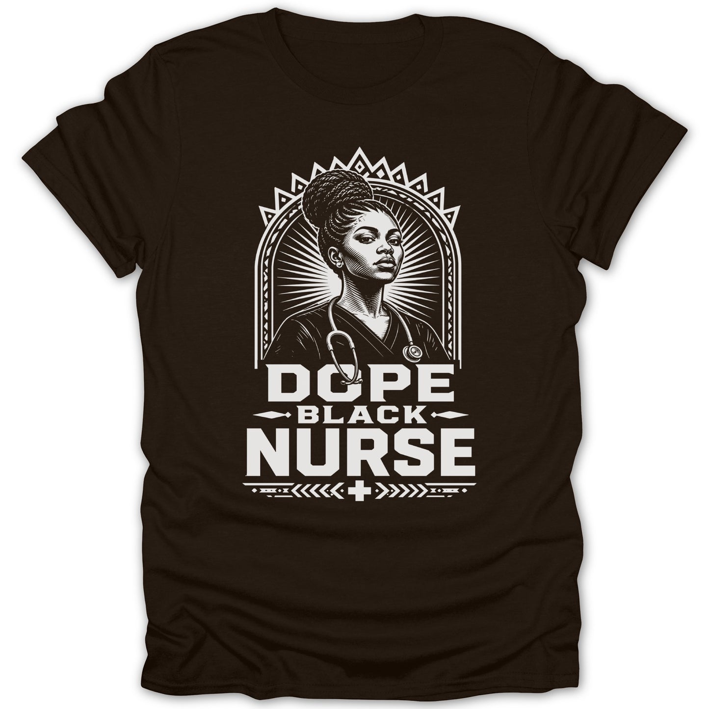 Black nurse portrait with text "DOPE BLACK NURSE" on a brown t-shirt.