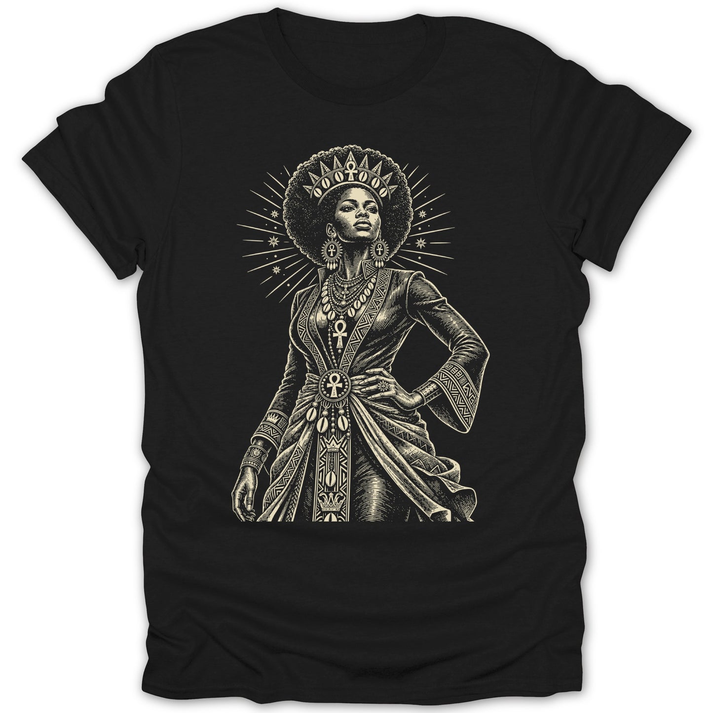 Black t-shirt with an etched illustration of a queen wearing a crown and ornate jewelry.