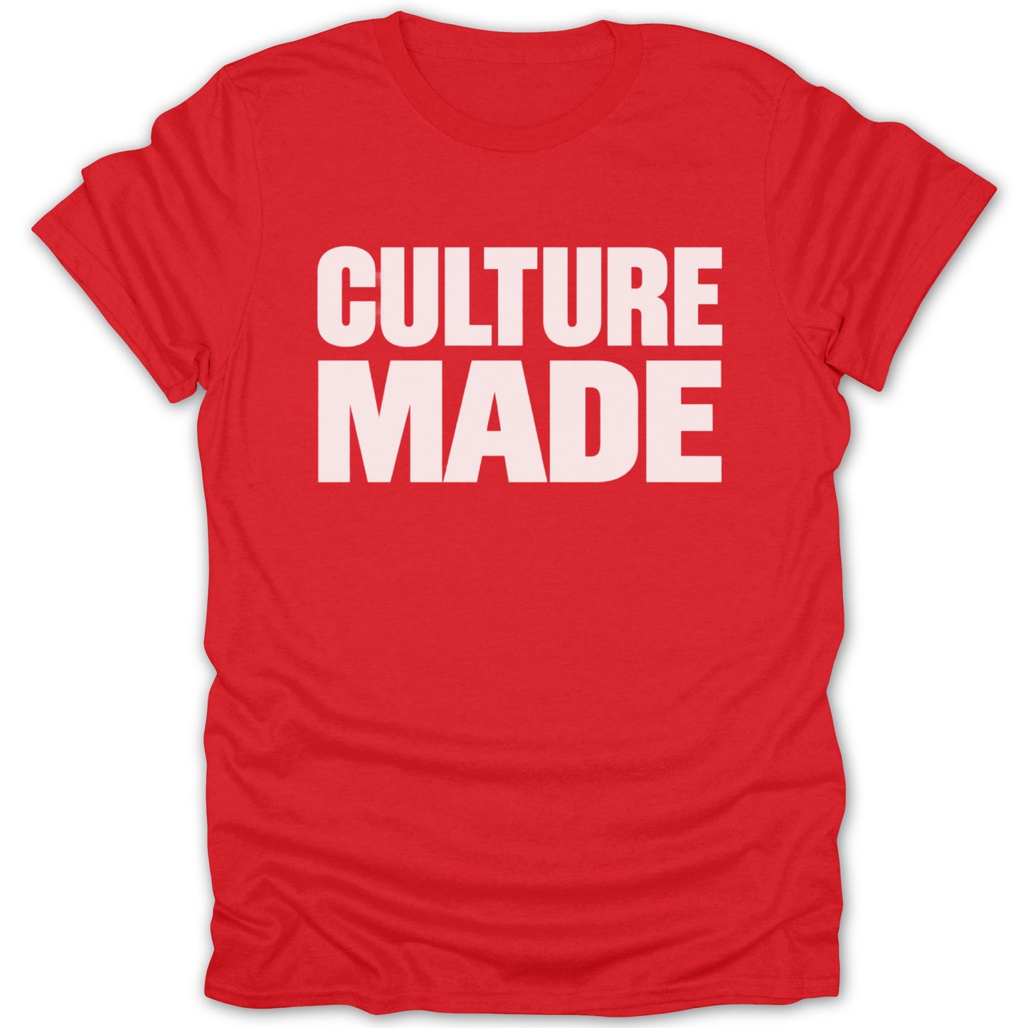 Red t-shirt with white text reading "CULTURE MADE".
