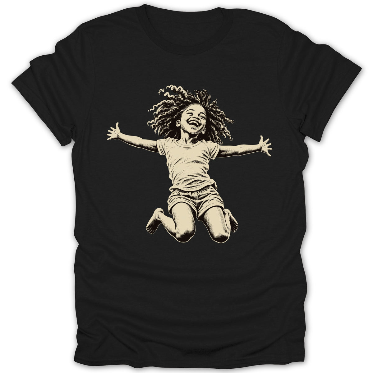 Sketch of a happy child with curly hair jumping on a black t-shirt.