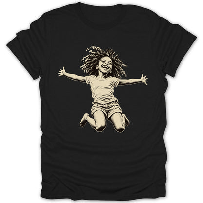 Sketch of a happy child with curly hair jumping on a black t-shirt.